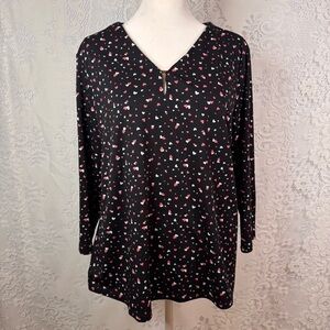 Jones New York Black and Pink heart Patterned Long Sleeve Tee